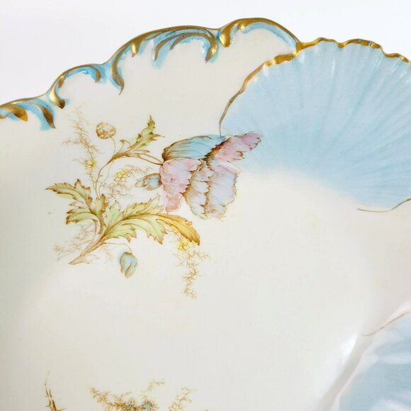 Antique Shabby Chic Porcelain Blue Shell Pink Floral Bowl c1900-16 La Francaise - Picture 6 of 12